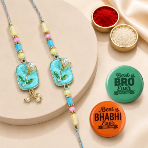 Image of Oblivion Rakhi with Fridge Magnet For Brother & Bhabhi - Stylish Rakhi Set for Bhabhi & Bhai With Fridge Magnet, Greeting Card, Silver Color Coin & Tilak Set - Raksha Bandhan Pack (K1 X6+B4676+BH4676)