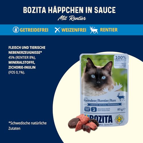 Bozita Pouch Nassfutter Häppchen in Sauce mit Rentier - 12x85g Portionsbeutel getreidefreies & weizenfreies Futter für Katzen - Katzennassfutter für Adult-Katzen mit 8,5% Protein & 4,5% Fettgehalt