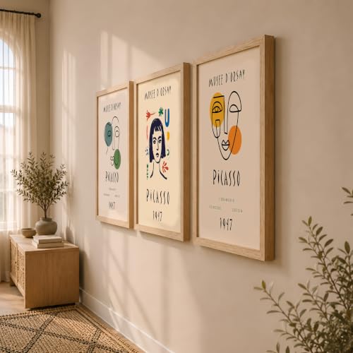 Image of NoWorries Abstract Art Wall Frame | Minimal Line Artwork Wall Paintings 300 GSM Premium Prints | Modern Museum Style Decor for Living Room, Bedroom & Office | Inspired Contemporary Abstract Synthetic Wooden Wall Art Frames (Set of-3) (NATURAL, ART-2, 21X31INCHES)