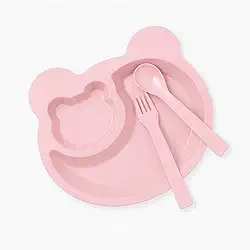 Kit Introdução Alimentar Bebê 3 Peças em Fibra de Trigo Prato Ursinho com Colher e Garfo Antiderrapante (ROSA)