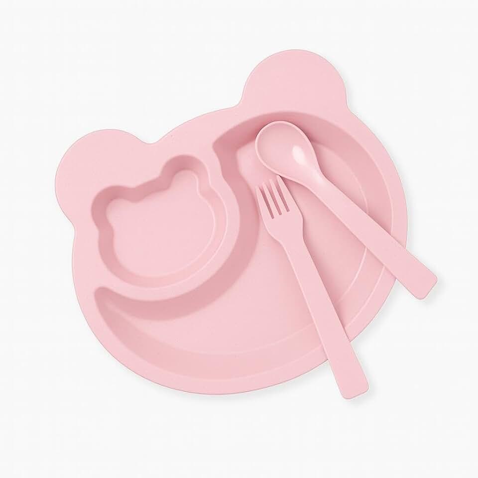 Kit Introdução Alimentar Bebê 3 Peças em Fibra de Trigo Prato Ursinho com Colher e Garfo Antiderrapante (ROSA)