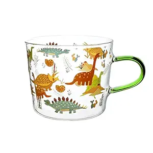 Sizikato Borosilicate Glass Breakfast Cup with Handle, 15 Oz Cereal Bowl Milk Mug, Dinosaur and Plant Pattern