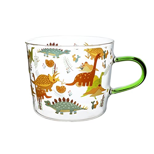 La Mejor Selección de Tazas de desayuno - los más vendidos. 46 Sizikato Taza de desayuno de vidrio borosilicato con asa, taza de leche de 15 onzas, diseño de dinosaurio y plantas