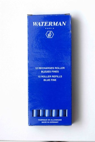 Waterman: 12 Blue Rollerball Refills in Carton Box, Size: Fine.