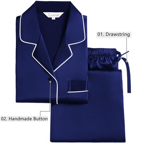 Lonxu Womens Silk Satin Pajamas Set Sleepwear Loungewear Navyblue L