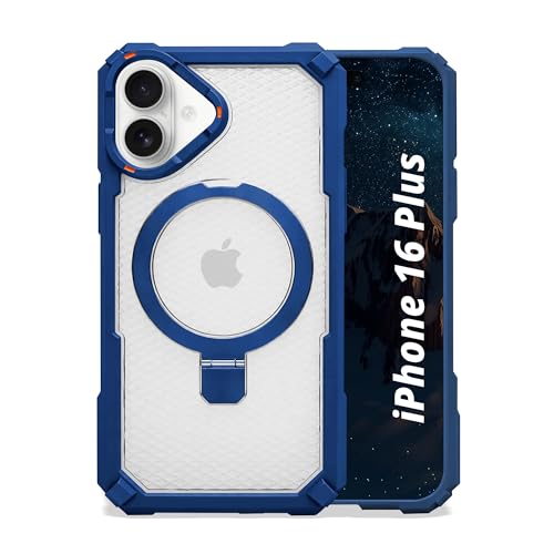 Image of AIBEX Transparent Back Cover Compatible for iPhone 16 Plus| Mag-Saf Magnetic Ring Kickstand | Shockproof Dual Layer Military Grade Drop Protection Armor Case| Wireless Charging Support - Blue