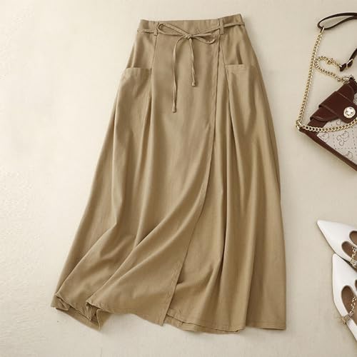 Giltpeak Womens Summer Linen Cotton Skirts Elastic High Waist, Casual Vintage A-Line Midi Dress with Pocket2