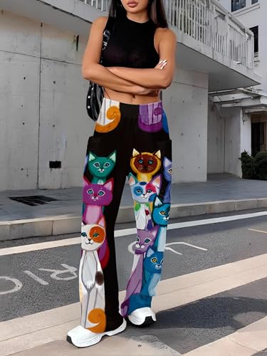 Women Pants Cartoon Animal Print Wide Leg High Waist Elastic Waistband Casual Trousers Relaxed Fit Streetwear Daily Outfits