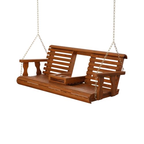 Porchgate Amish Heavy Duty Console Porch Swing with Fold Down Cup Holders in Cedar Stain - Amish Made in The USA from Treated Pine Hanging Chains Included product thumbnail 8