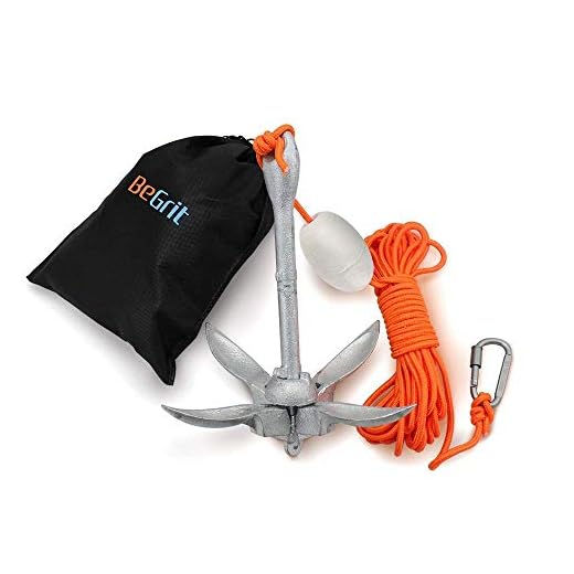BeGrit Kit de Anclaje de Barco pequeño, Plegable, Acero al Carbono, para Canoa Jet, esquí, Sup y Tabla de Paddle,1,5 kg con Bolsa de Transporte de Cuerda de Remolque de 10 m