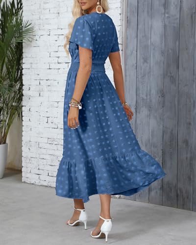 Image of Women Maxi Dresses Boho V Neck Swiss Dot Ruffle Summer Short Sleeve High Waist Tiered Flowy Smocked Cocktail Dresses