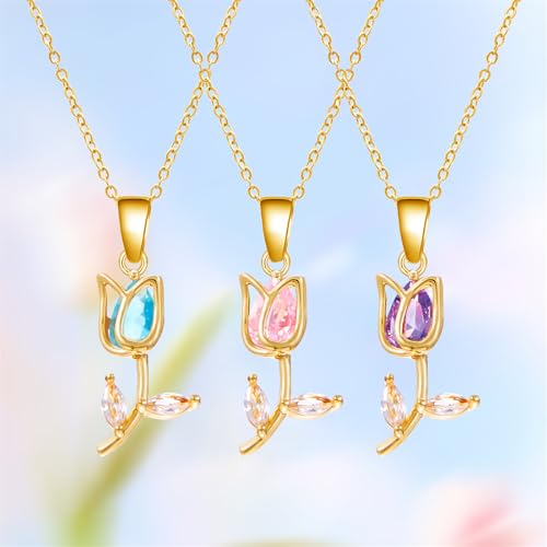 Image of coadipress Tulip Flower Pendant Necklace for Women Dainty Elegant Boho Temperament Crystal Tulip Necklace Trendy Statement Friendship Jewelry