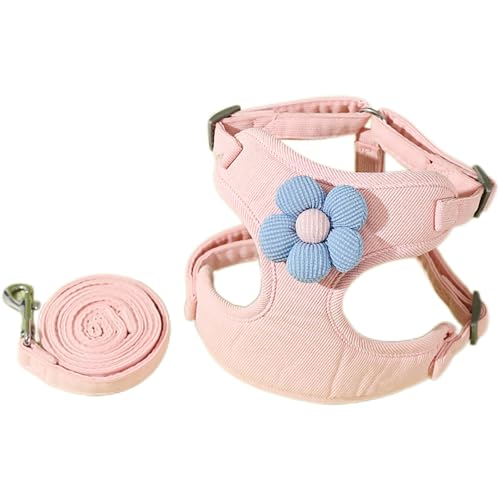 犬 ハーネス リード セット 小型犬 可愛い 抜けない ハーネスベルト 首輪 犬 服 犬用ハーネス 小?菊刺繍ハーネス&リードセット|可愛いレース付きベスト型デザイン|通気性 調節可能|おしゃれなペット用胸当て (ピンク,S)