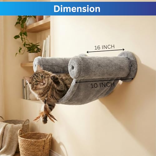 Image of Wall-Mounted Cat Hammock, Grey Plush Fabric, Strong & Secure, Ultra-Soft (16X11) FURR-154 (Grey)