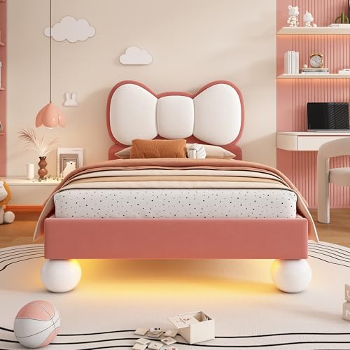 Kinderbett Polsterbett 90x200, Einzelbett Mädchenbett mit LED-Lichtleiste&Fliegeformiges-Kopfteil, Bett Jugendbett Bettgestell Funktionsbett Bettrahmen mit Lattenroste, Samt, Ohne Matratze, Beige+Rosa – Bild 7