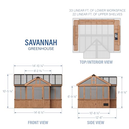 Image of Backyard Discovery Savannah Chalet-Style 14.5' x 12' Cedar and Polycarbonate Walk-In Greenhouse Kit with Sink, Exhaust Fans, Windows, Hose Hook-Ups, PowerPort, Staging Shelves for Year-Round Gardening