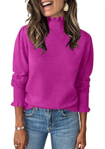 Image of Womens Ruffle Mock Neck Sweater Puff Long Sleeve Fall Trendy Pullover Tops