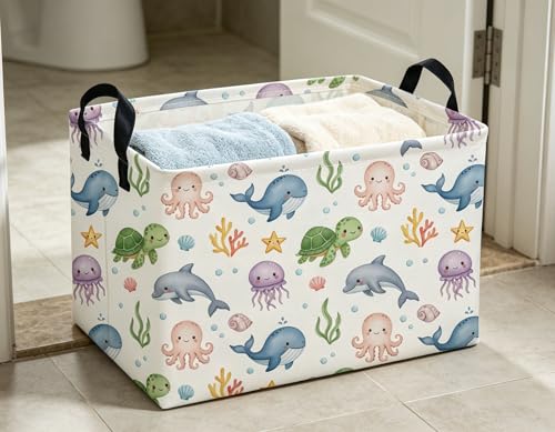 Image of Rectangle Kids Baskets Ocean Basket Cute Storage Bin Fish Box for Room Decor Gift Basket(Cute ocean)