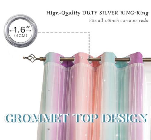 Image of Yancorp Curtains for Girls Bedroom Kids Curtain Hollow-Out Star Window Nursery Curtain 96 inches Length Room Darkening Grommet 2 Layers (Green Pink Purple, W52 X L96)