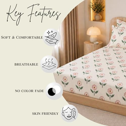 Image of THEA King Elastic Fitted Double Bedsheet Set| 100% Cotton Like Soft Fabric | Microfiber King Elastic Double Bedsheet for King Size Bed (72 X 78 x 10 inches) with 2 Pillow covers,Rosette Meadow
