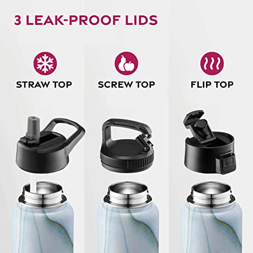 Finedine Insulated Water Bottles With Straw - 25 Oz Stainless Steel Metal Water Bottle W/ 3 Lids - Reusable For Travel, Camping, Bike, Sports - Exquisite Blue Marble #TOP3