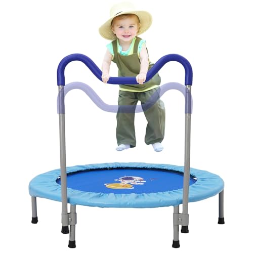 Trampolín para Niños,Camas Elasticas con Asas Ajustables y Extraíbles y Cubierta Acolchada, Carga Máxima de 60KG,Cama Elastica Fitness Plegable Interior y Exterior,para niños de 3 a 6 años, Azul