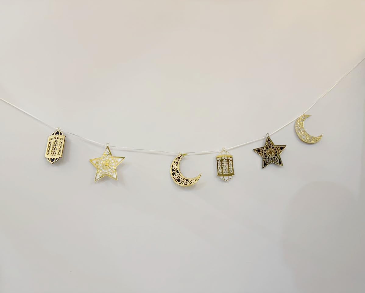 Acrylic Ramadan Eid Decoration Hanging Set, Ramadan Mubarak Eid Mubarak Decorations, Gold Moon Star Lantern Design, 4 Inch, 6 Pieces with String