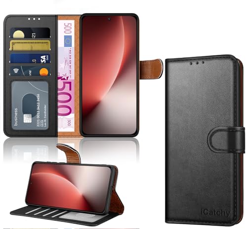 iCatchy Case for Honor Magic 8 Lite with 4 Card Slots Leather Wallet Flip Book Magnetic Closure Kickstand Shockproof Protective Phone Cover compatible with Honor Magic 8 Lite (Black)