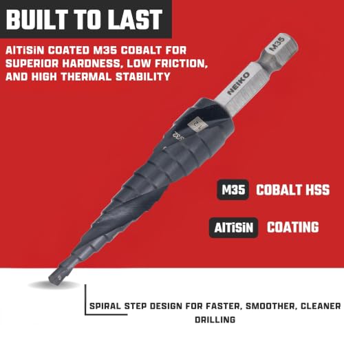 Image of NEIKO 10602B Step Drill Bit, 13 Steps 1 /8 inch to 1 /2 inch Spiral M35 Cobalt, AlTiSiN Coated, 1 /4 inch Quick Change Step Bits for Steel, Metal, Wood, Plastic, Unibit Cone Drill Bits, Two Flute