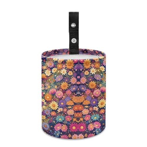 Image of Colorful Floral Cat Car Trash Can Collapsible Waste Basket Bin Multipurpose for Car Hanging Portable Garbage Bin Universal