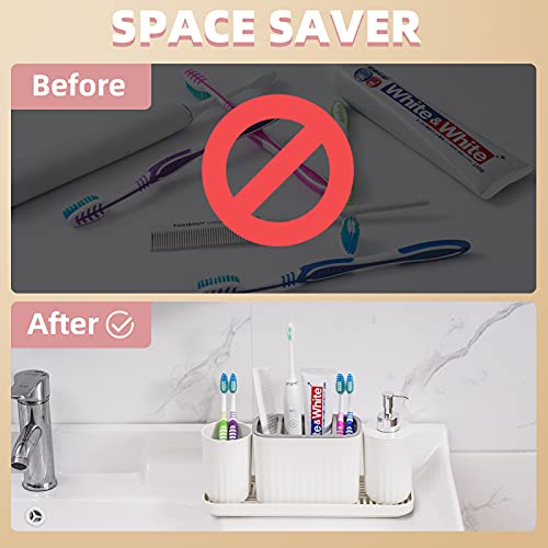 Vitviti Plastic Toothbrush Holder, Bathroom Organizer Countertop, Bathroom Counter Asseccories Storage Set With Tumbler, Soap Dispenser, Drainage Tray, For Bathroom/Toothpaste/Kids - White #TOP4