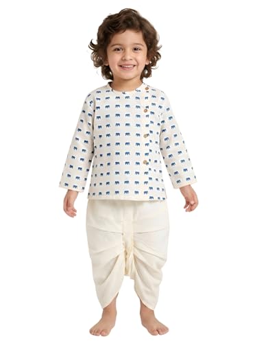 Image of POLKA TOTS Premium Cotton Dhoti Kurta Set for Kids Boys | Traditional Angrakha Style Ethnic Wear for Boys | Kurta Dhoti Set for Kids | Festive & Wedding Clothing Set for Baby