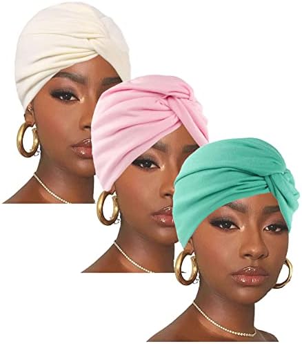3Pack Turban Chemo Beanie, Head Wrap Cap Cotton India Headwear for Woman Cancer Patient (Pink&Green&Beige)