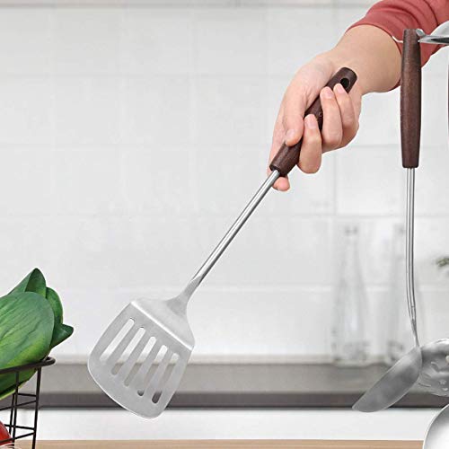 Image of Stainless Steel Slotted Turner Spatula, Professional Food Turner Flipper with Heat Resistant Wooden Handle, Kitchen Utensil Cooking Pancake Turner for Eggs, Omelets, Burgers, 14.1 Inches