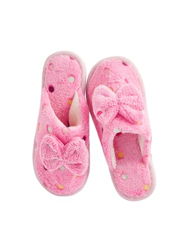 OYOANGLE Women's Bowknot Close Toe Fuzzy Slippers Polka Dots Flat Slip on Furry Slippers Indoor House Plush Slippers