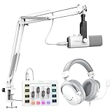 FIFINE Gaming All-in-one Bundle, Dynamic Microphone with Boom Arm, Audio Mixer with 48V Phantom Power, 7.1 Surround Sound Wired Headset and 9.8ft XLR Cable for Podcast/Recording-(AM8TW+SC3W+H9W+L9W)