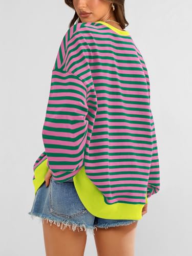 Image of PRETTYGARDEN Womens Striped Oversized Sweatshirt Color Block Crew Neck Long Sleeve Casual Loose Pullover Top Y2K Clothes