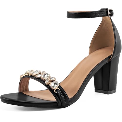 Womens High Heels Comfortable: Open Toe Ankle Strap Chunk Heeled Sandals - Buckle Rhinestone Heel for Prom Wedding