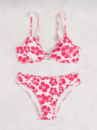 Image of Fanuerg Women's Triangle Bikini Sets O Ring Linked Two Piece Swimsuits Floral Printed Cheeky Bathing Suit