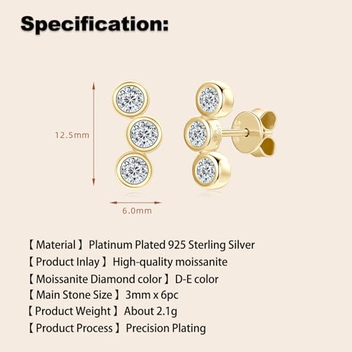 3-Stones Bezel Stud Earrings, 3MM D Color Round Cut Moissanite, 925 Sterling Silver Earrings Elegant Jewelry Gifts for Women, Wife, Mom - Gold4