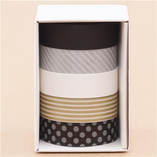 Pretty Washi Tape Set with 5 Washi Adhesive Tapes with Stripes, dots and Single-Coloured Tapes in Gift Box