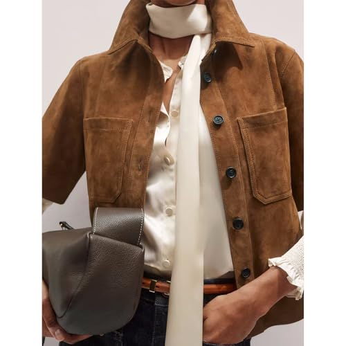 Women's Faux Suede Button Down Shirts Short Sleeve Business Casual Lapel Collared Shirt Jackets with Pockets2