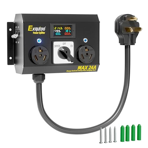 Exqutoo Manual Splitter Switch with Metal Enclosure NEMA 10-30P to 2 NEMA 10-30R Knob Selection Charging Switch with Breaker Heavy-Duty for EVs Ovens Dishwashers 120/240VAC