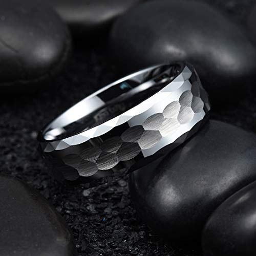 King Will Hammered 8mm Silver Tungsten Ring Hammer Multi-Faceted Men Wedding Band Polished Domed Brushed Step Edge Comfort Fit2