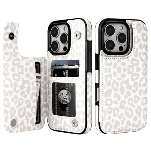 HAOPINSH for iPhone 16 Pro Case Wallet with Card Holder White Leopard Cheetah Pattern Back Flip Folio PU Leather Kickstand Card Slots Case for Women Girls Double Shockproof 6.3