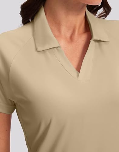 Obla Women's Golf Shirt Dry Fit V-Neck Short Sleeve Tennis Tops Upf50+ Collared Golf Polo Shirts For Women (Khaki_M) #TOP3