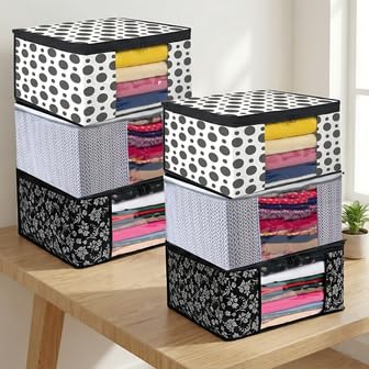 Image of Non-Woven Printed Saree Cover Set of 6 | Foldable Wardrobe Organizer with Transparent Window & Zipper Closure | Dustproof Cloth Storage Bags for Clothes, Sarees & Seasonal Garments