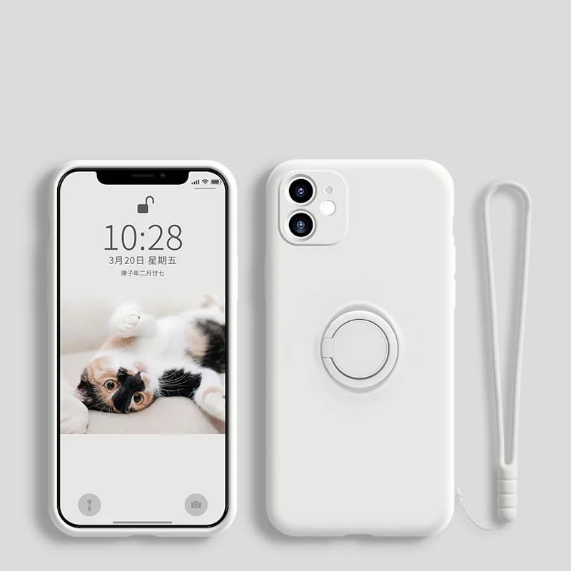 Coque silicone liquide iPhone 15 blanc anti-chute avec anneau de maintien aimanté