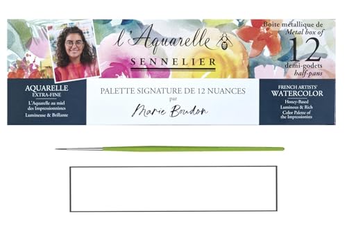 Sennelier Aquarelle Extra-Fine Marie Boudon Set, 12 Half Buckets Metal Box and Brushes