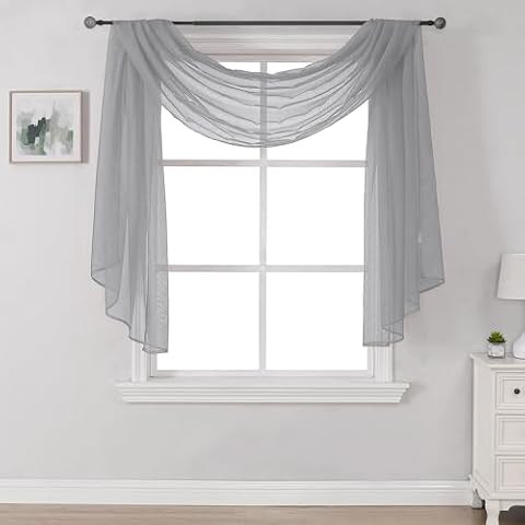 DONREN 144 Inches Long Window Scarf Valances for Party - Luxury Soft Gray Semi Sheer Curtain Scarf for Window,1 Panel (Gray,1 Panel) Cover